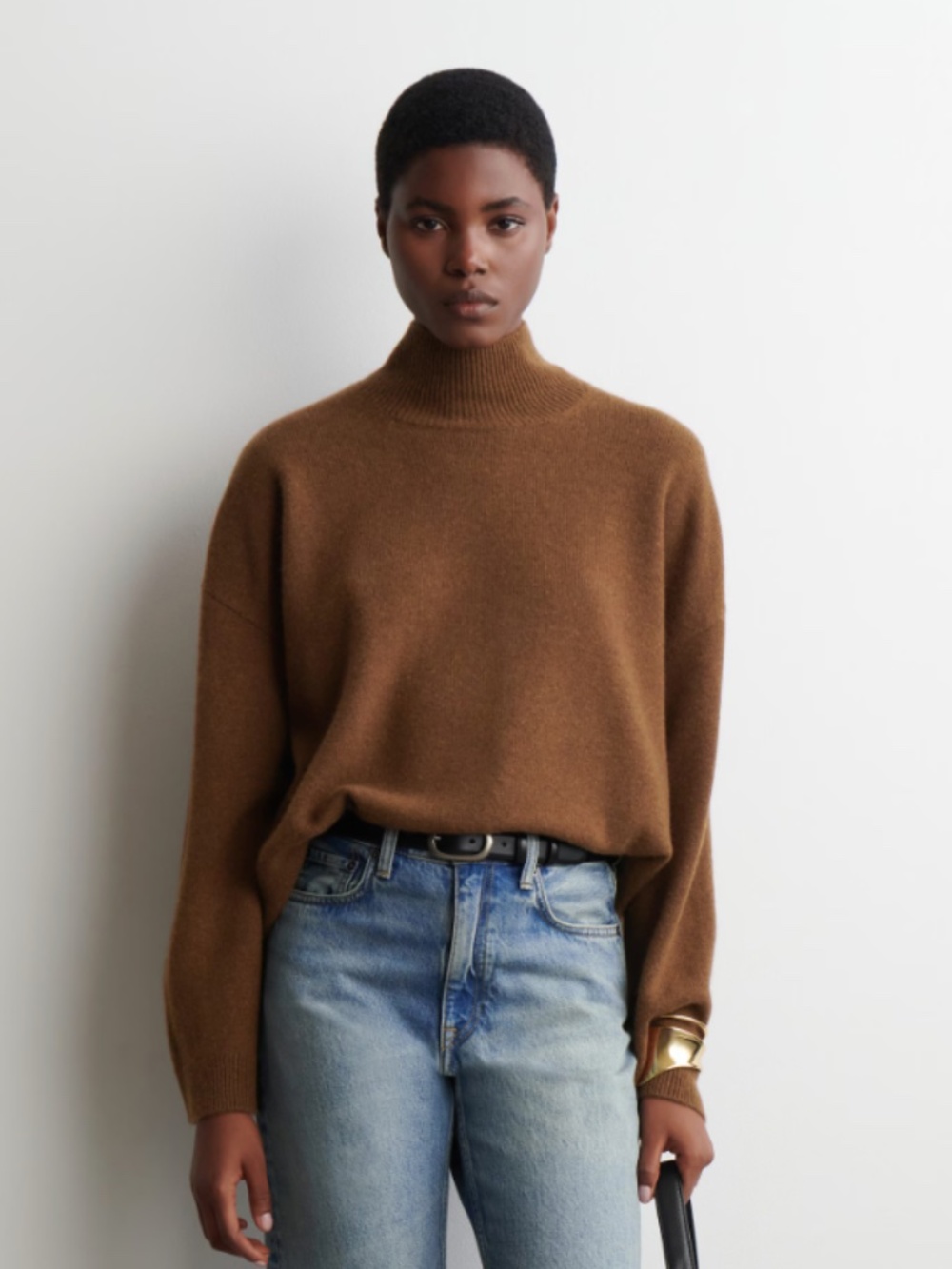 COS 100% Cashmere Brown Mock Neck Knit Sweater, Relaxed Fit, Women's Small